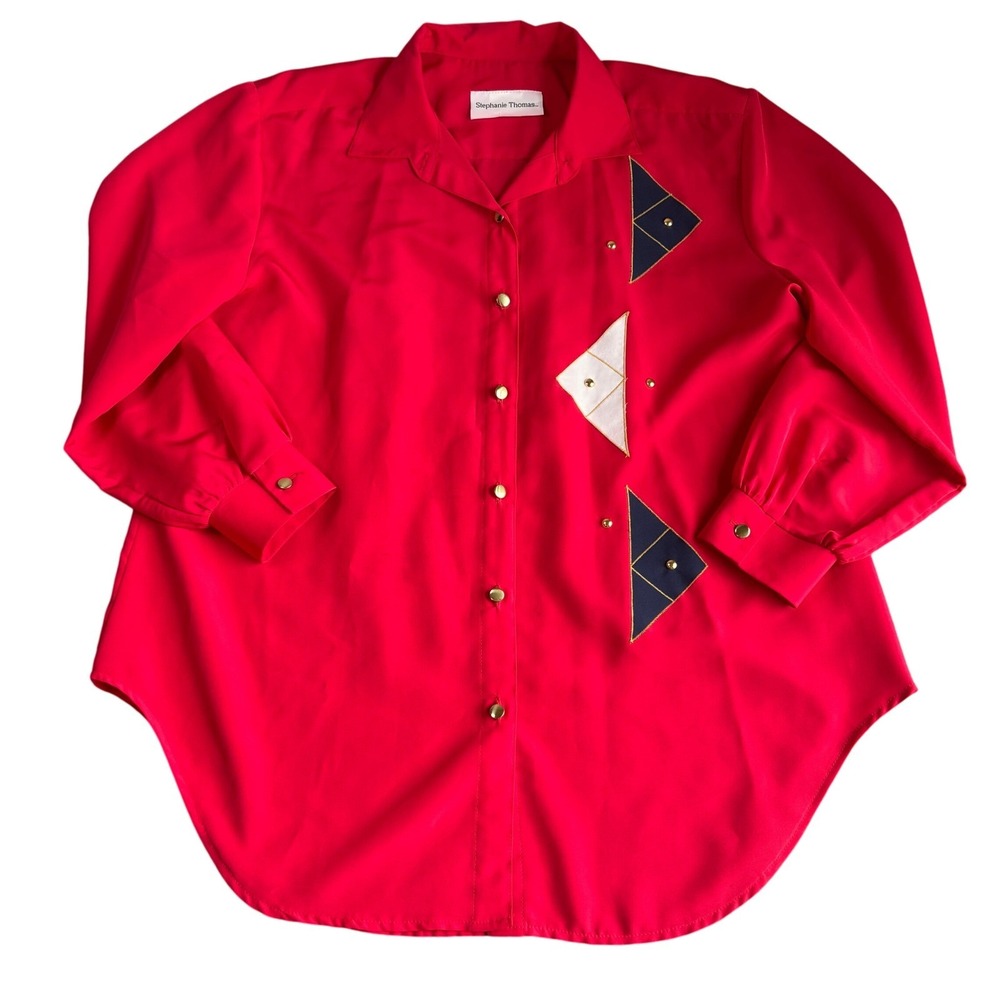 Stephanie Thomas Womens 2XL Red Button-Up Blouse Geometric Long Sleeve Blouse
